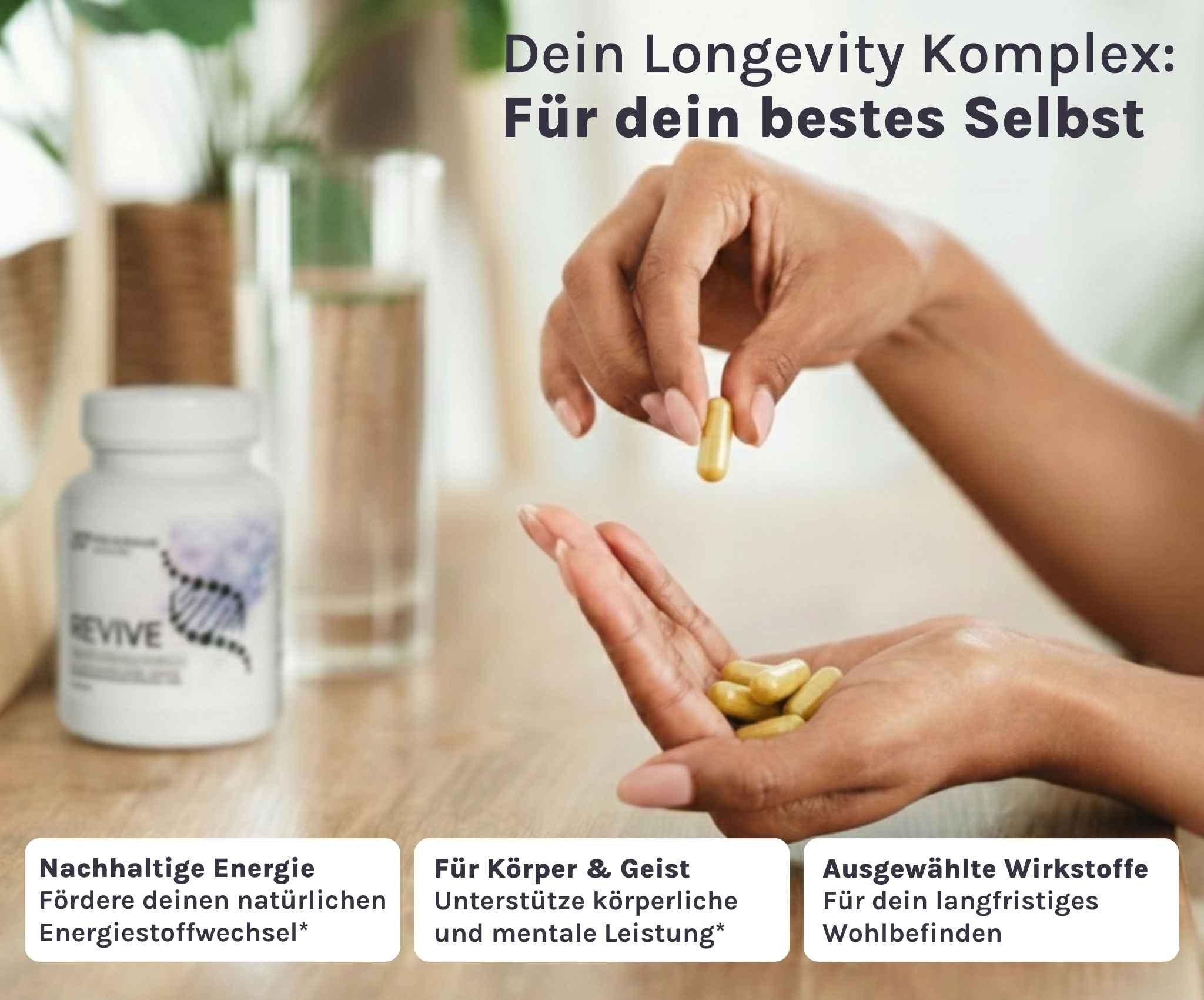 Frau hält REVIVE Longevity Supplements in den Händen