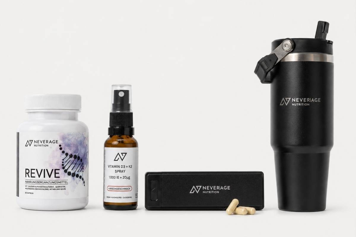 Never Age Nutrition Sortiment mit REVIVE, Vitamin-Spray, Pillendose und Trinkflasche